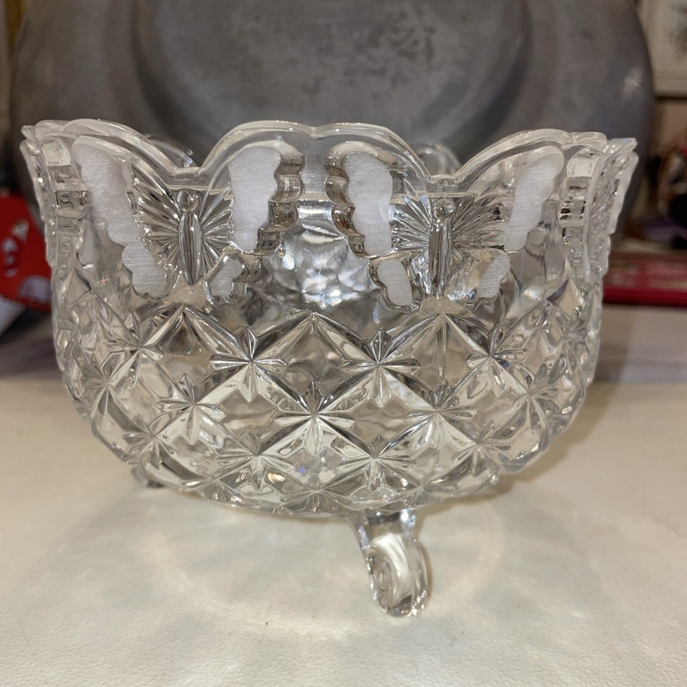 Hofbauer Lead‎ Crystal Butterfly Papillon Bowl 3-Footed 4.5x6" Antique